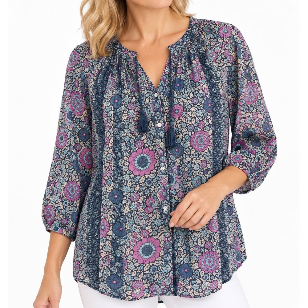 J. Jill Women Blue Floral Tassel Split V-Neck 3/4 Sleeve Peasant Blouse Size L